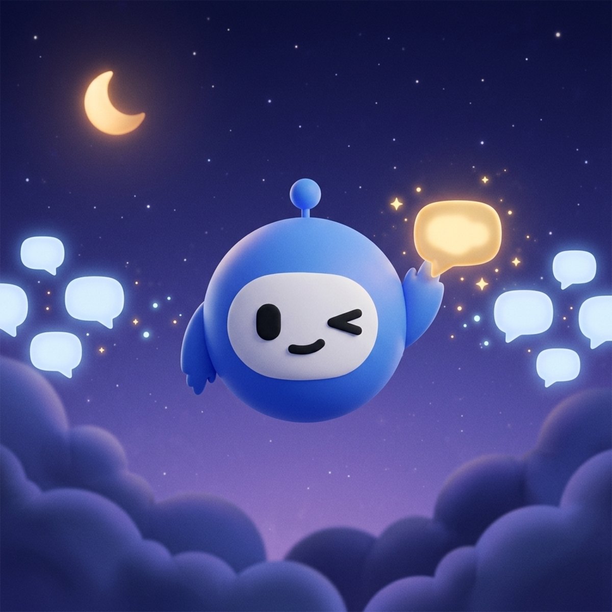 Jib answering glowing chat bubbles under a crescent moon at night